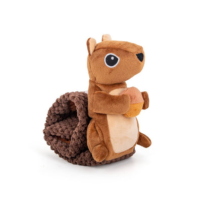 Close-up of Petkin Squirrel Hide-and-Squeak dog toy showing detailed squirrel face