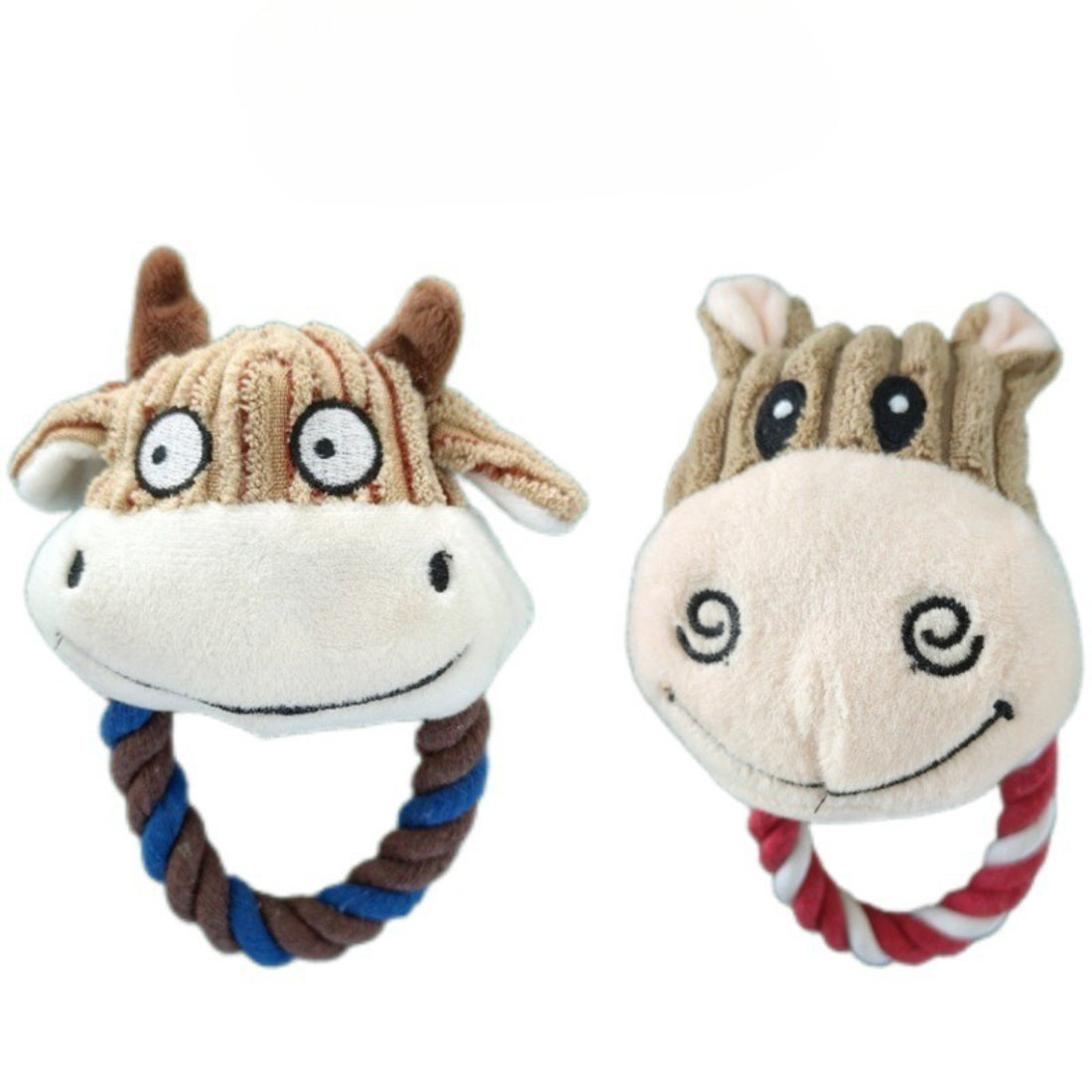 Petkin cow dog plush toy with rope ring on white background