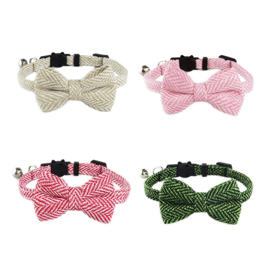Mokka herringbone bow tie cat collar displayed flat on white background
