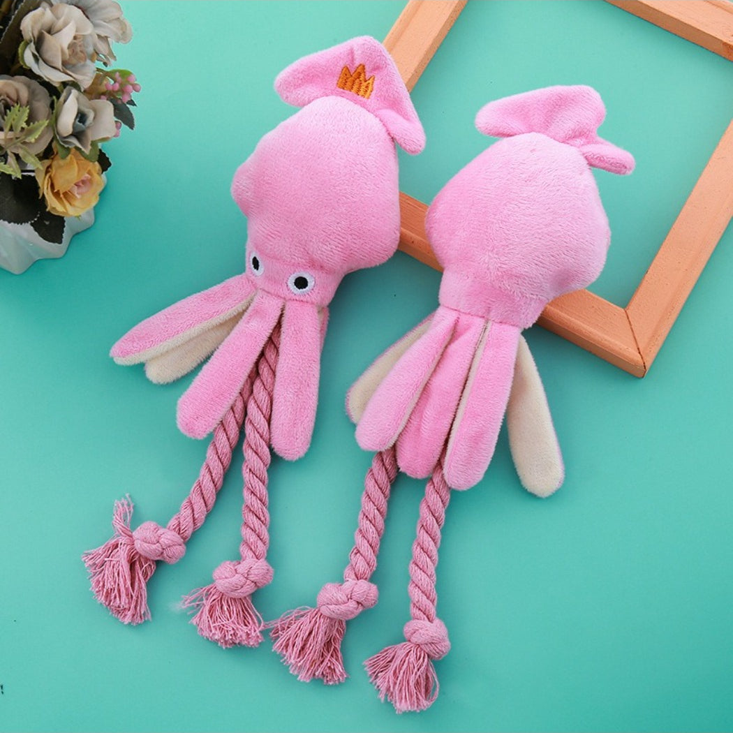 Close-up of Petkin Squid Rope Plush Dog Toy showing soft plush head and rope legs
