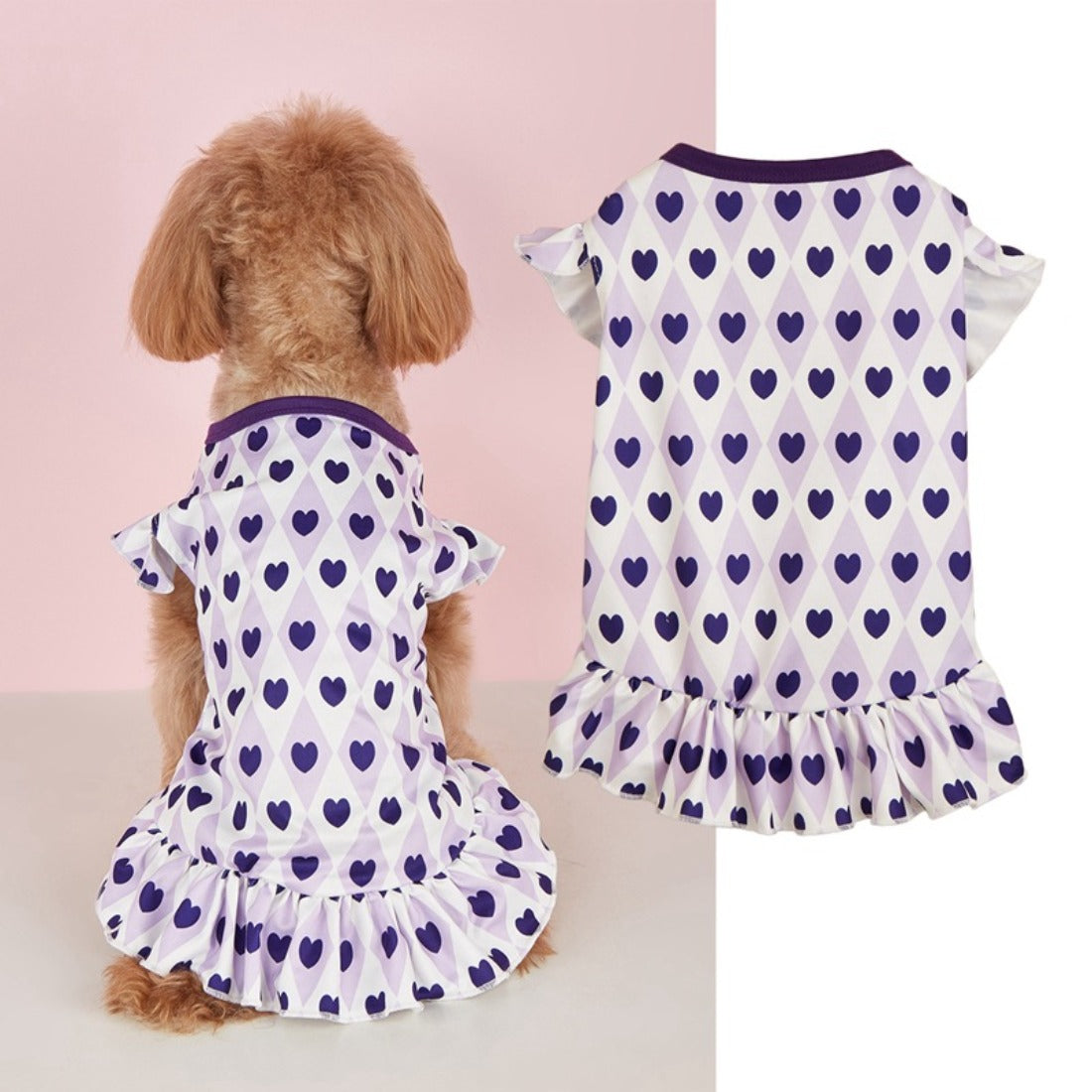 Side view of small dog in Ozzie heart pattern dress showing fit and design