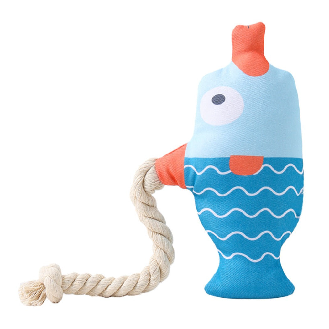 Petkin Interactive Fish Character Toss Dog Toy displayed from side angle on plain surface