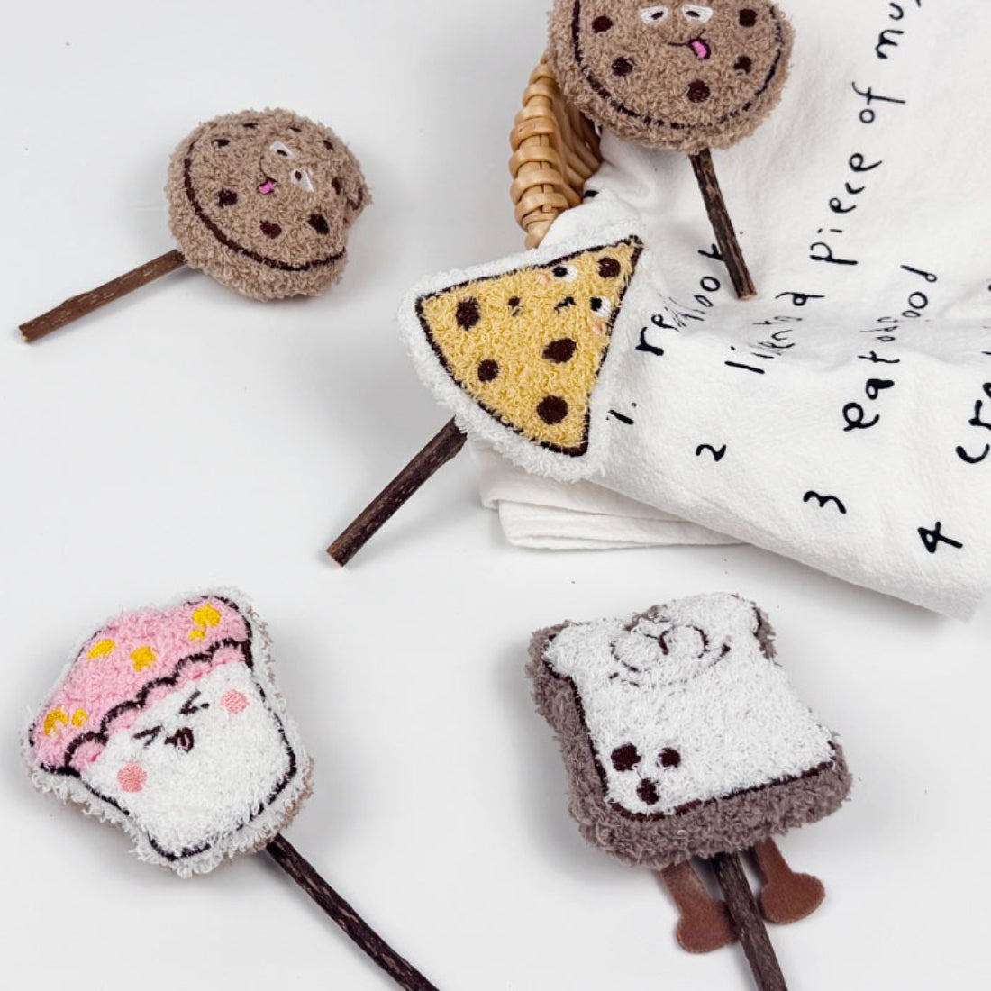 Moo plush cat stick toy shaped like a cute food item with soft fabric and colorful details
