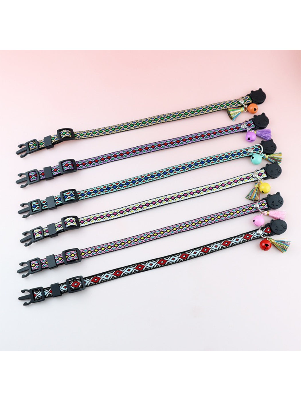 Close-up of Mokka Boho pattern fabric and metal buckle on adjustable cat collar