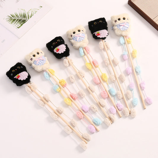 Moo plush cat teaser wand toy with colorful feathers and soft fabric on a wooden stick