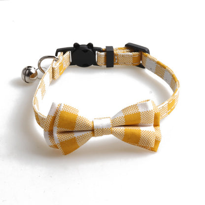 Mokka gingham bow tie cat collar with adjustable strap visible