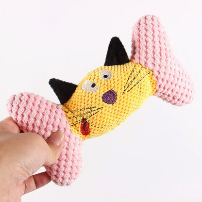 Side view of colorful cat character plush toy highlighting its multicolor pattern