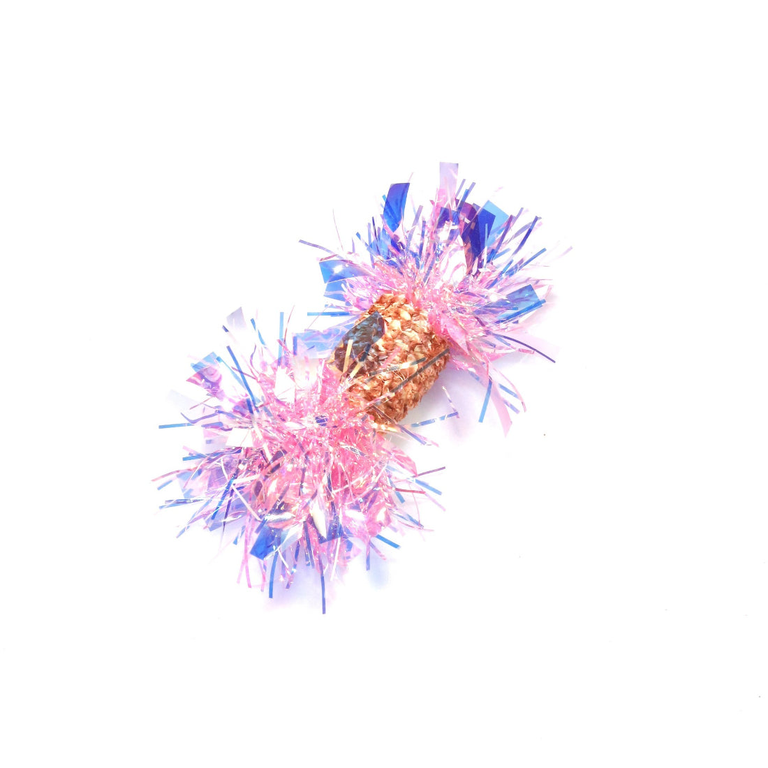 Moo Sparkle Tinsel Cat Toy held in hand with sparkling tinsel strands