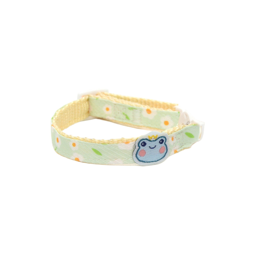 Side view of brown breakaway cat collar with white daisy charm