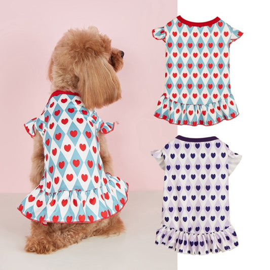 Small dog wearing Ozzie cute heart pattern dress standing on wooden floor