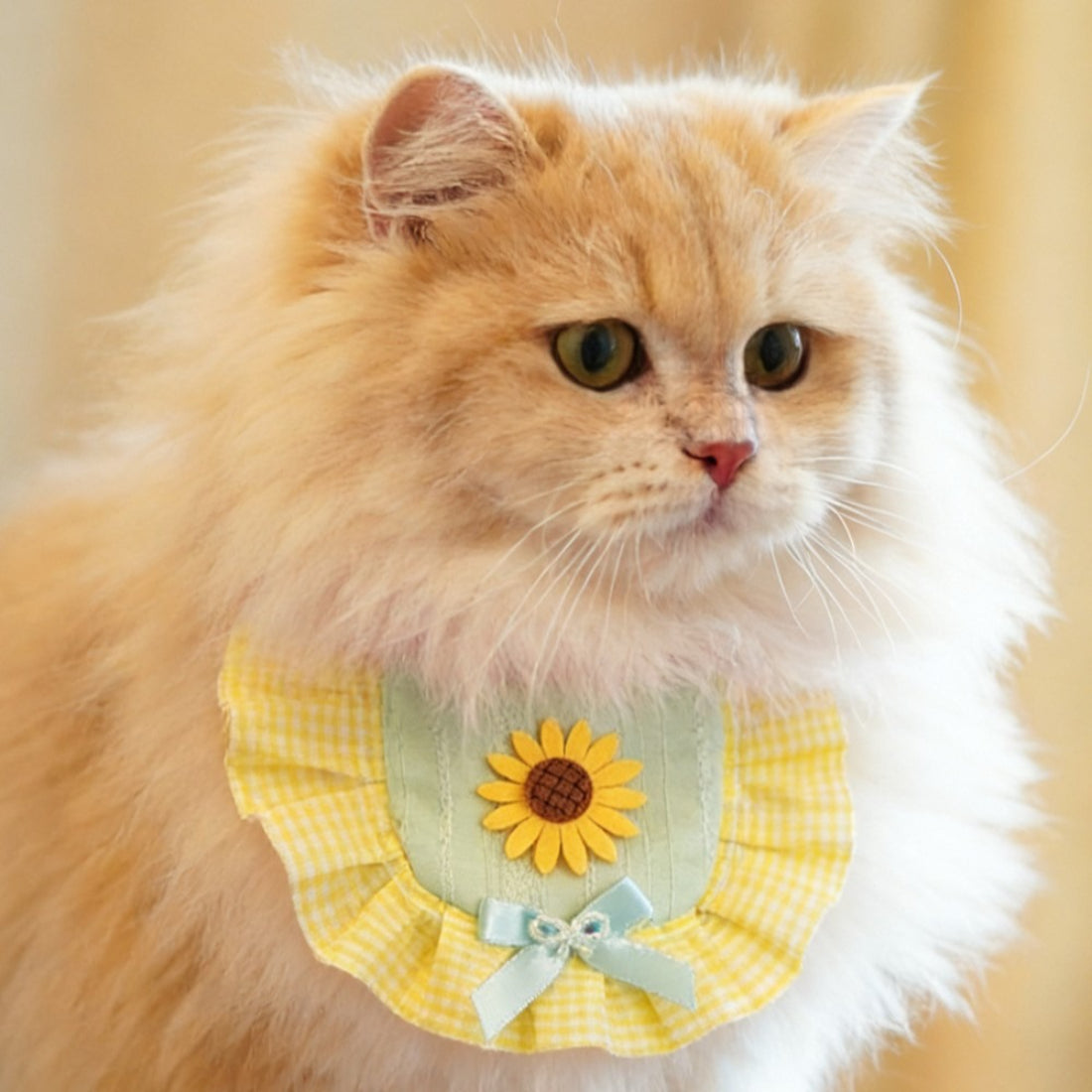 Close-up of sunflower pattern and ruffle detail on Mokka cat bib