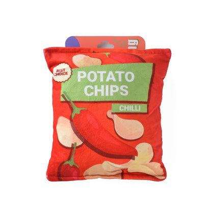 Petkin Chips dog toy positioned to display its unique chip-like form and colors