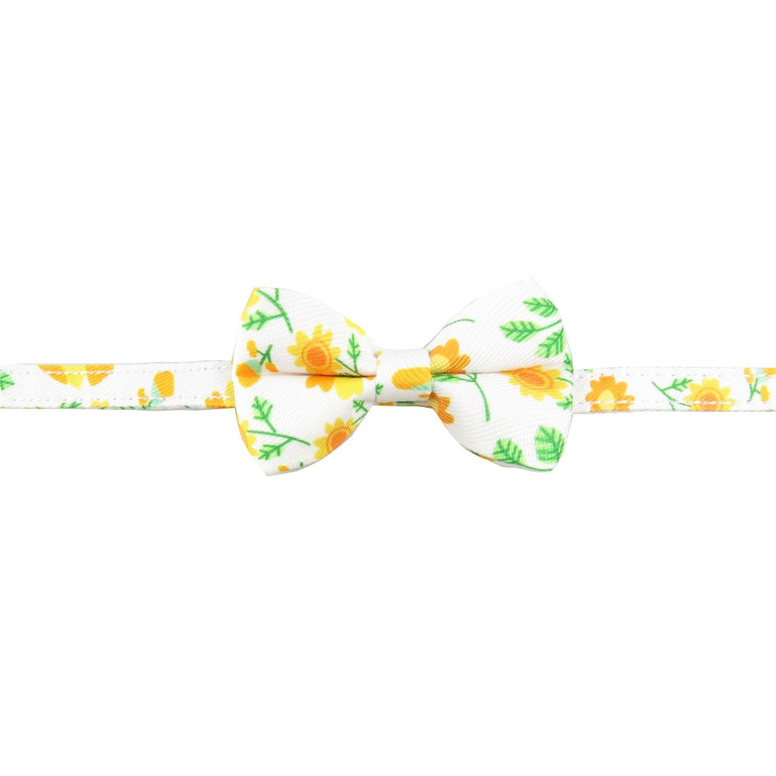 Close-up of Mokka floral bow tie spring cat collar with bell showing fabric pattern