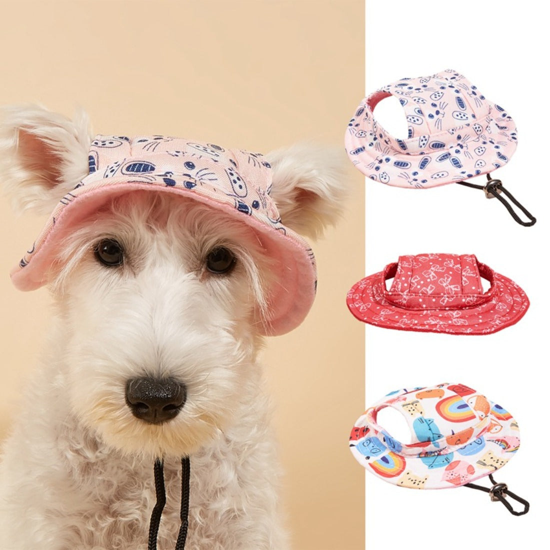 Ozzie printed dog bucket hat in blue with ear holes, shown on a white background
