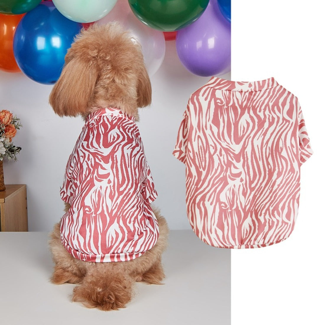Ozzie zebra print dog t-shirt displayed on mannequin torso