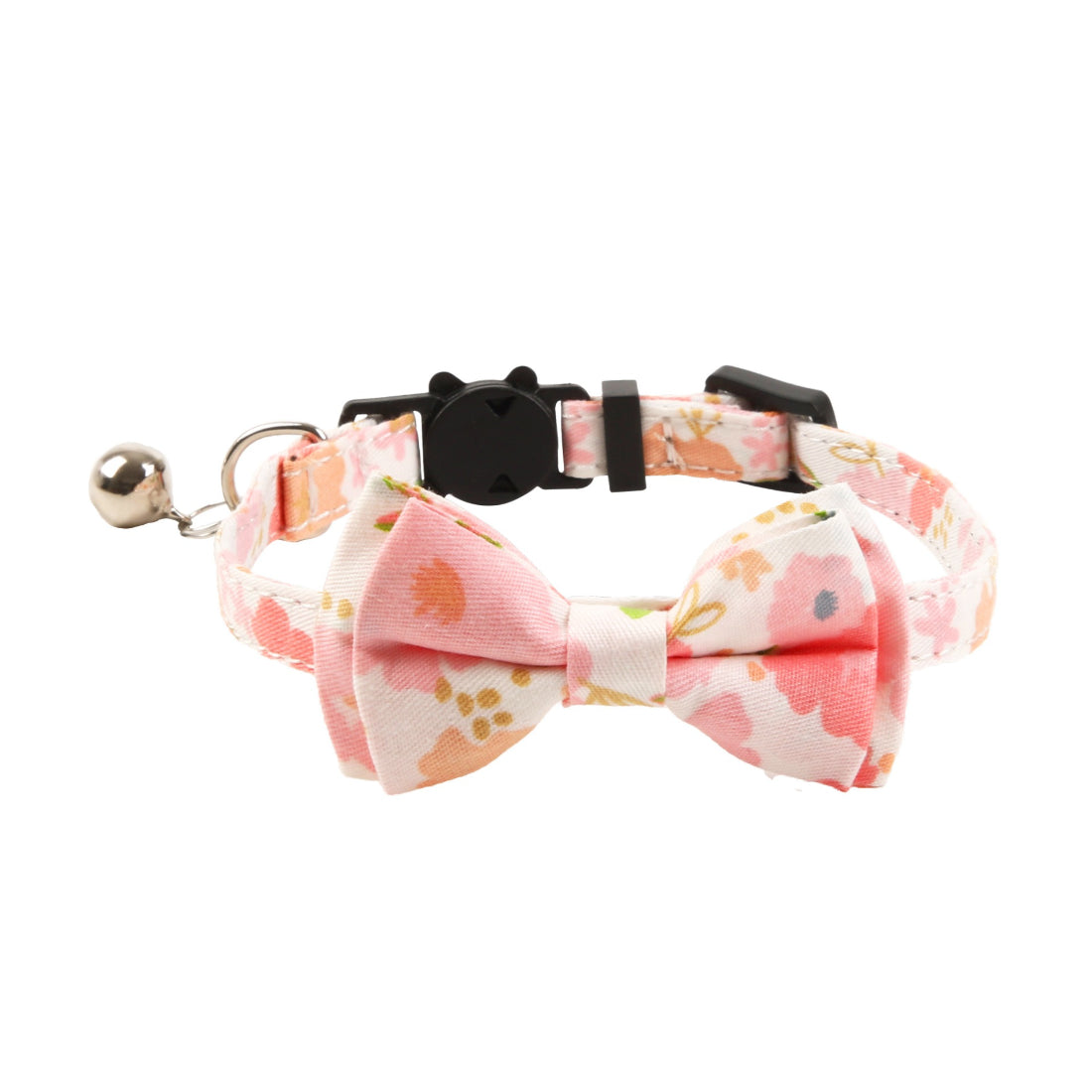 Mokka cat collar featuring a floral and gingham bow laid flat
