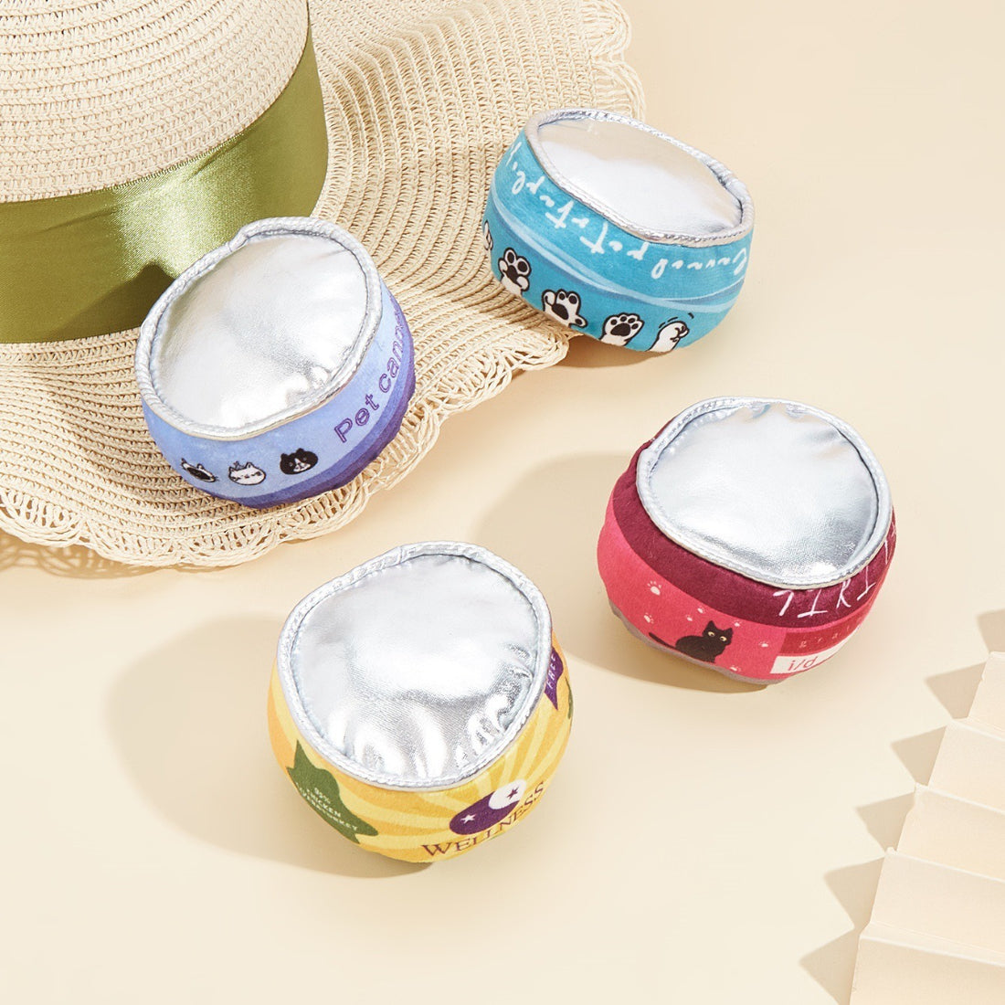 Close-up of Moo canned cat toy with interactive play features visible