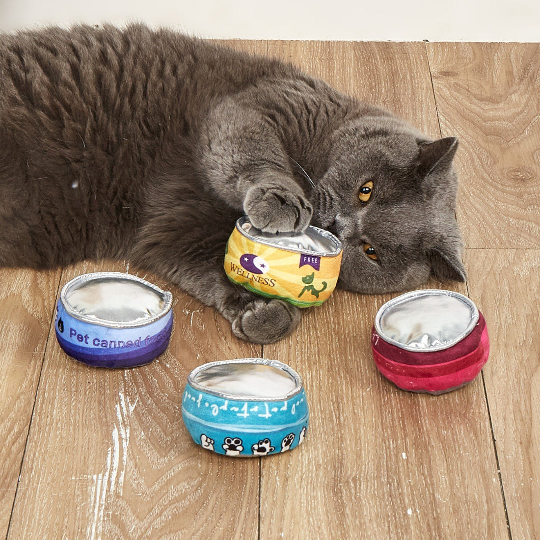 Moo canned cat toy packaging showing colorful label and product name