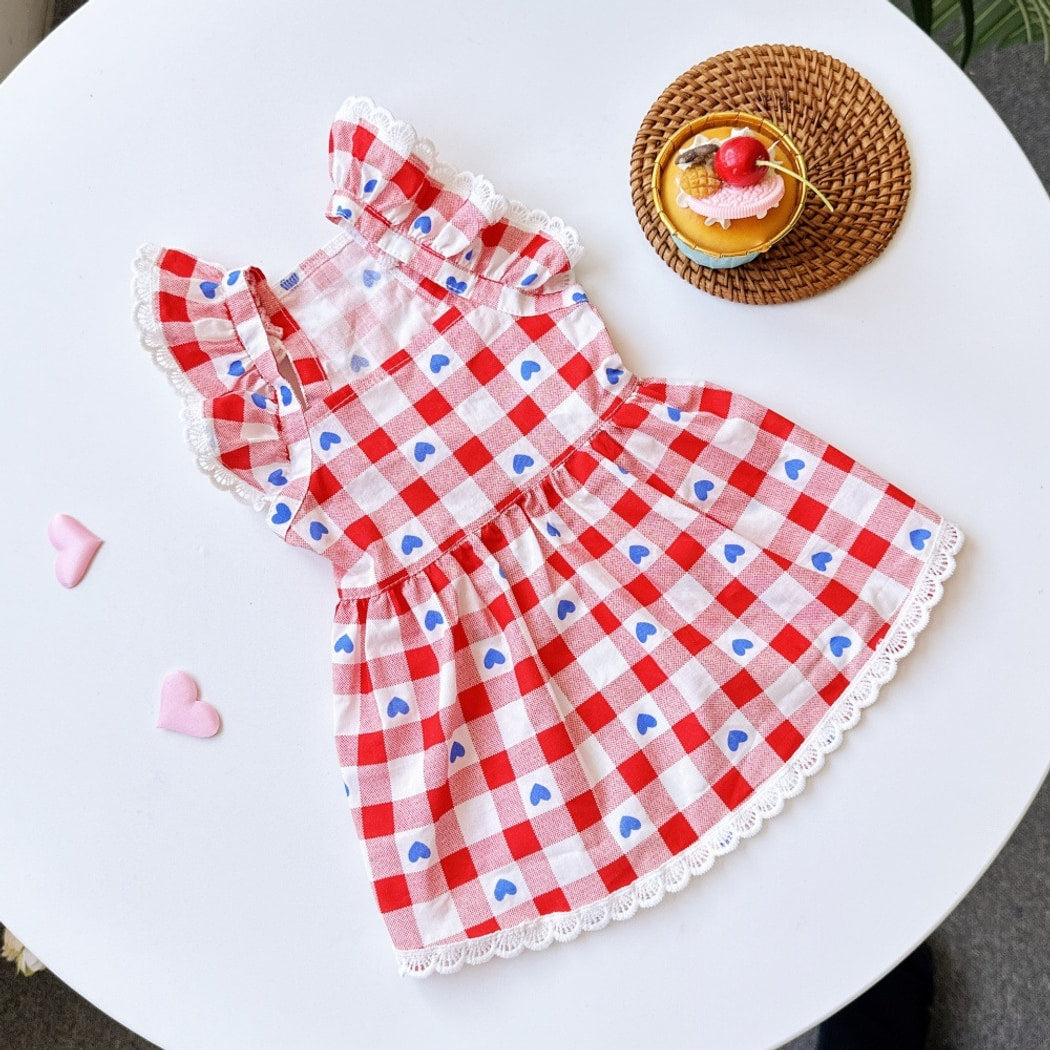 Ozzie - Heart Plaid Ruffle Sleeve Pet Dress