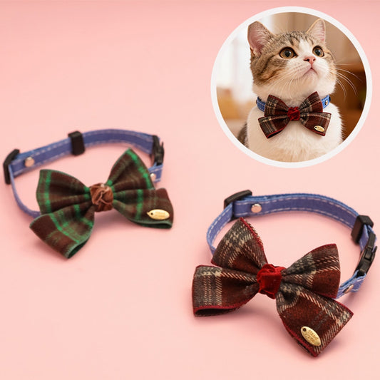 Mokka - Decorative Plaid Pet Collar with Bow Tie