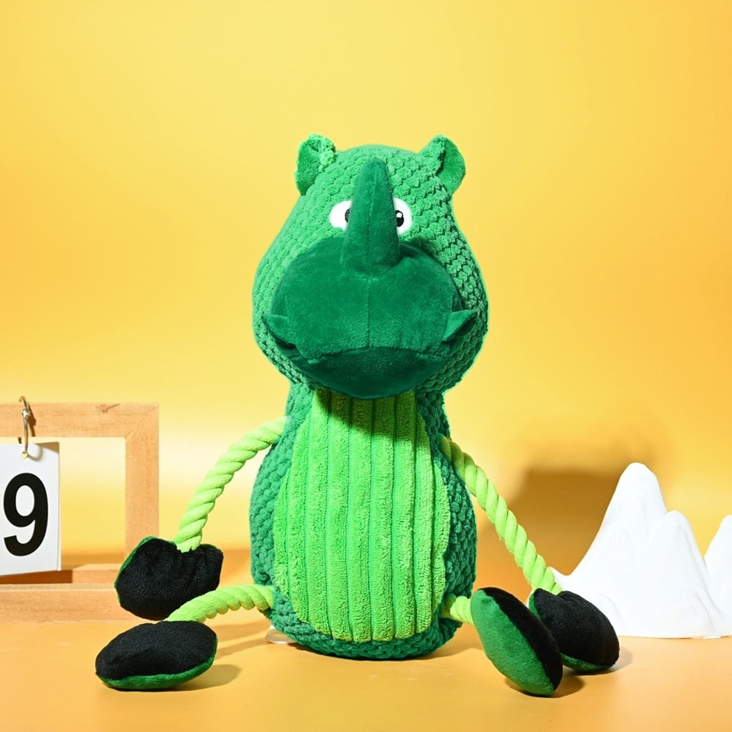 Petkin - Green Rhino Plush Interactive Dog Toy