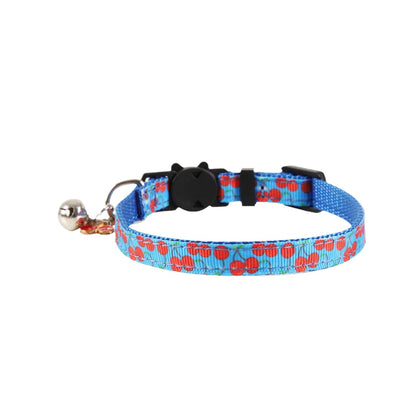 Mokka cat collar with bell and vibrant fruit print displayed from side angle