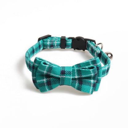 Mokka cat collar with plaid bow tie displayed flat showing full length and clasp