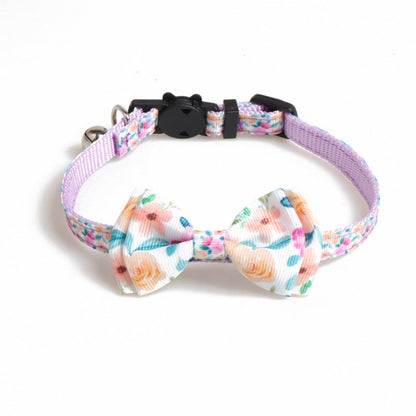 Mokka floral bow tie cat collar with bell shown from above