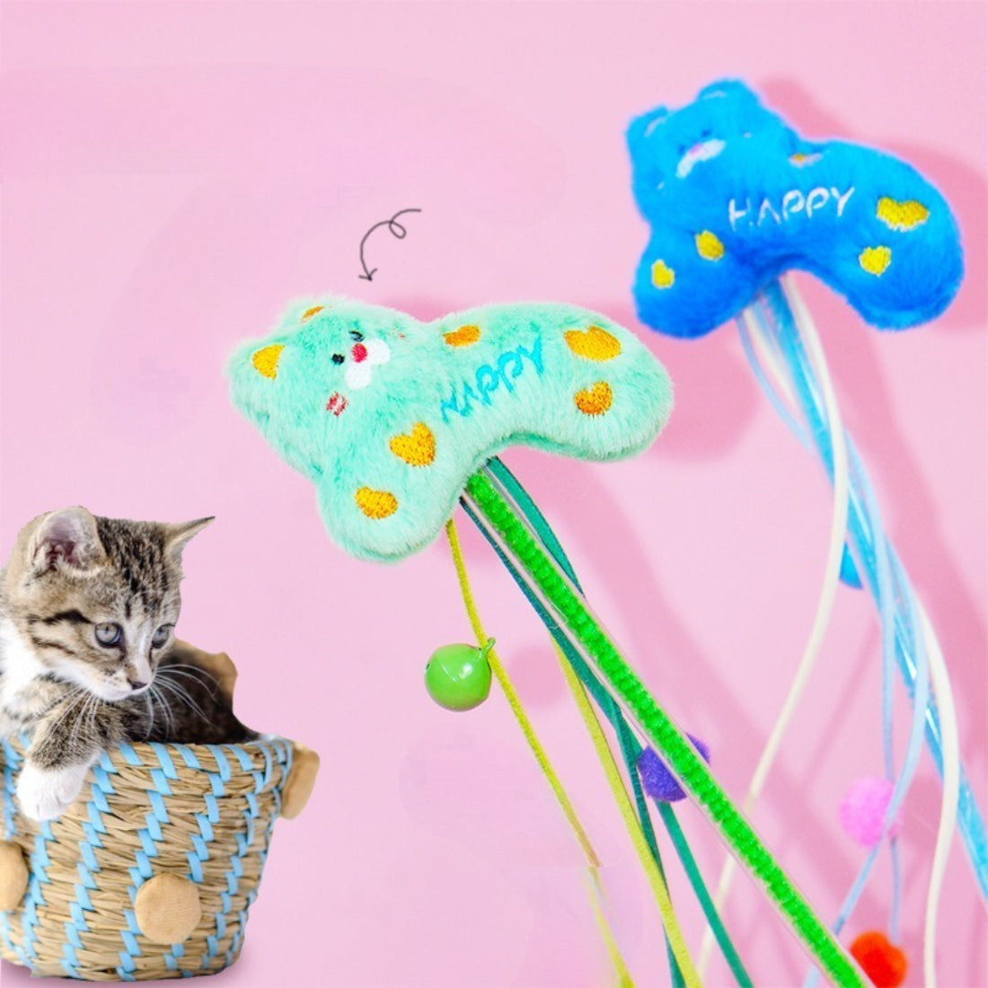 Moo Happy Plush Ribbon Cat Teaser Wand with colorful ribbons and plush attachments