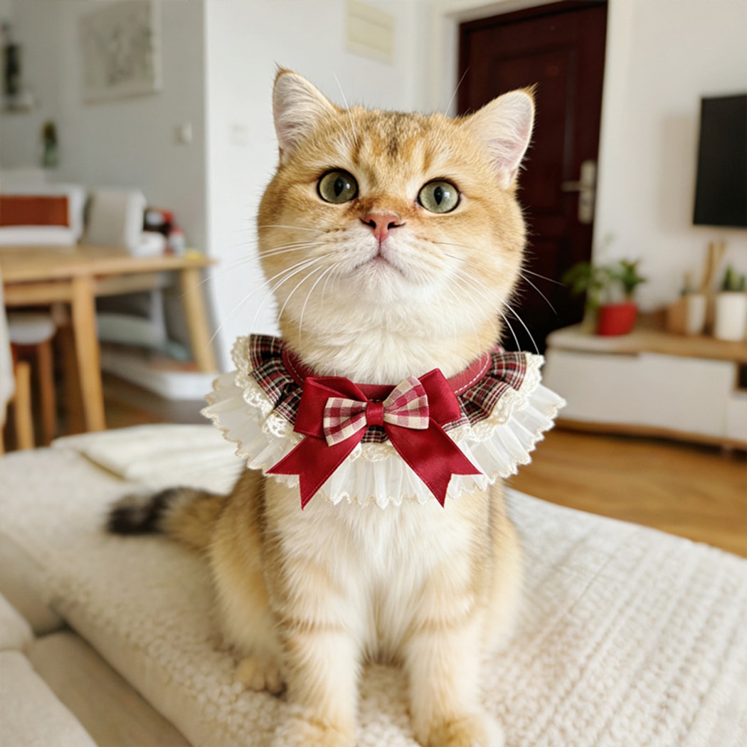 Mokka - Plaid Lace Trim Bow Pet Collar