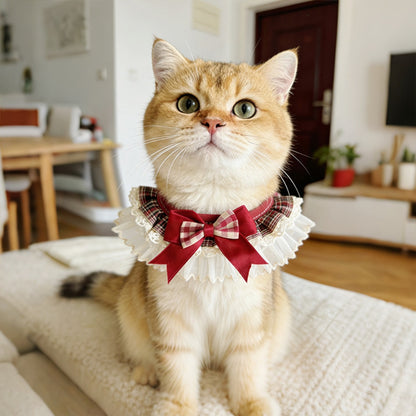 Mokka - Plaid Lace Trim Bow Pet Collar