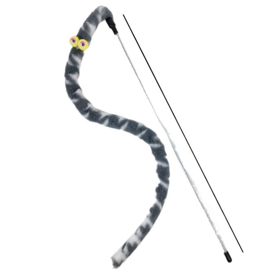 Moo Plush Worm Cat Teaser Wand with red plush worm and wooden stick on a plain surface