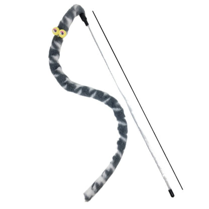 Moo Plush Worm Cat Teaser Wand with red plush worm and wooden stick on a plain surface