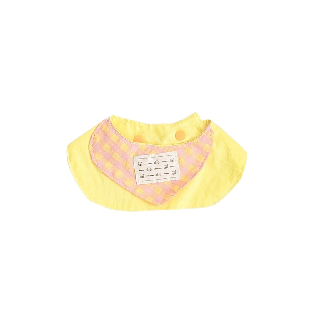 Side view of pastel gingham cat bib highlighting the curved shape for comfortable fit