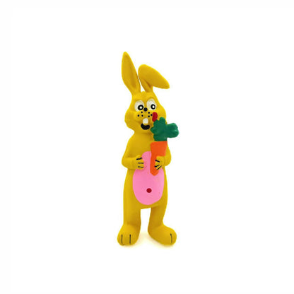 Petkin Squeaky Bunny Dog Toy with orange carrot body and green bunny ears shown from side angle
