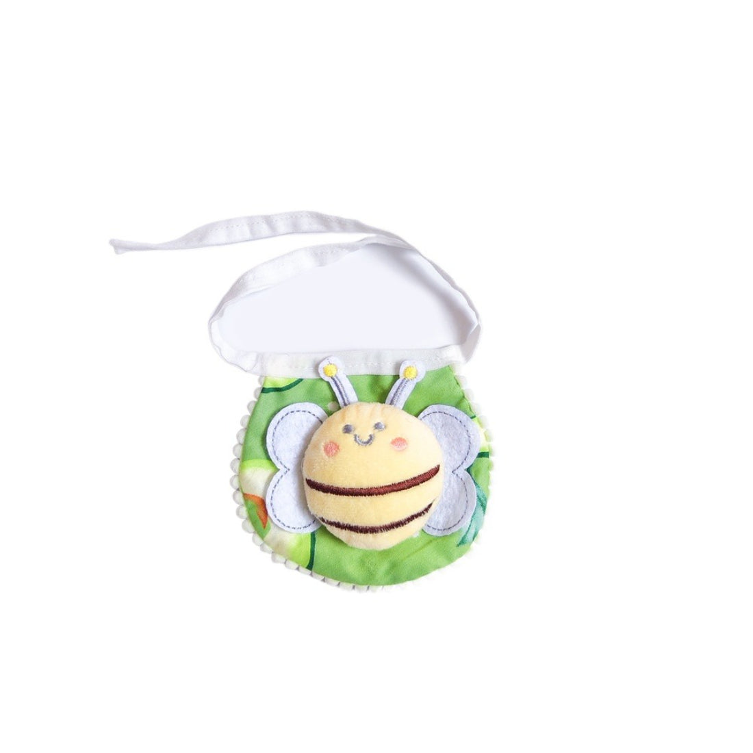 Mokka plush cat bib hanging on a hook, showing overall shape and design