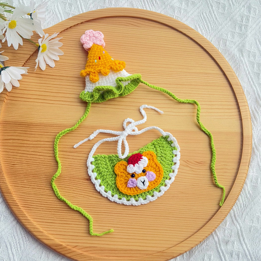 Mokka - Bear Pattern Pet Birthday Bib and Hat Set