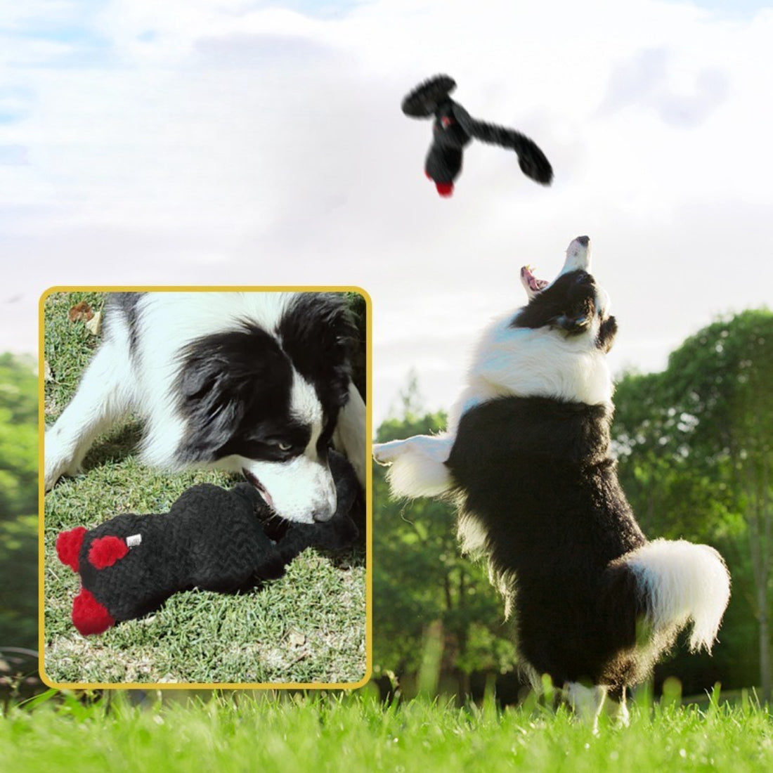 Petkin Funny Plush Tug Dog Toy held by a dog chewing on the rope