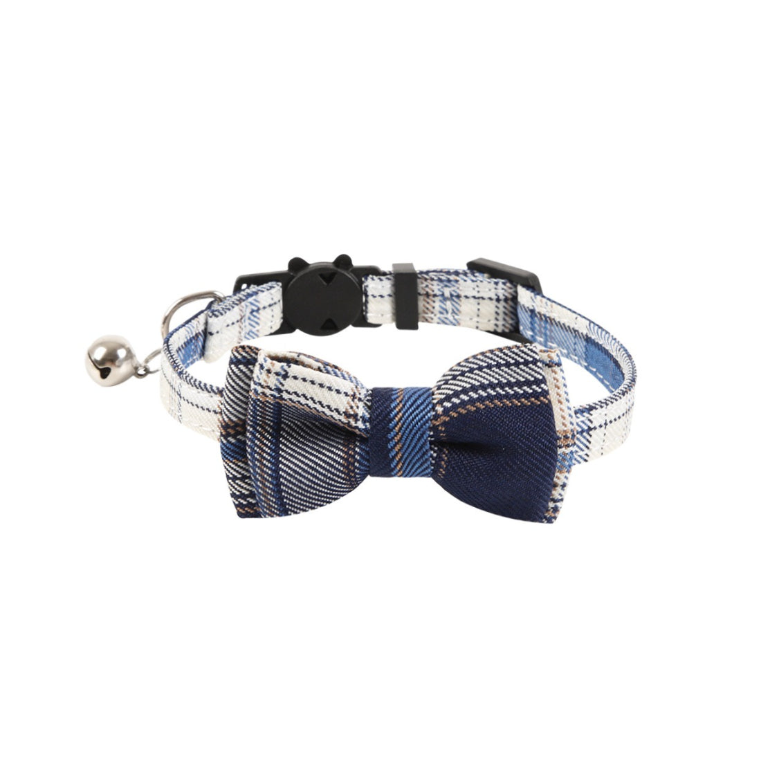 Mokka plaid bow cat collar with bell featuring classic plaid design and small bell