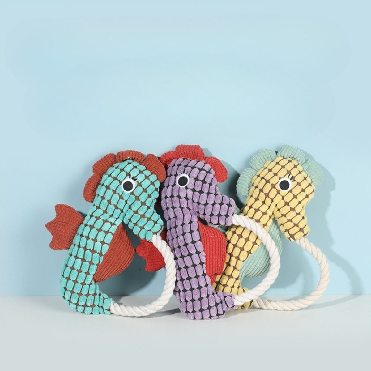 Close-up of Petkin Seahorse plush dog toy showing textured rope and soft fabric