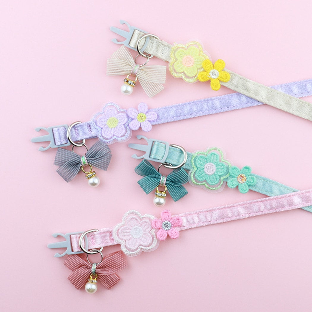 Mokka - Embroidered Floral Bow Detail Cat Collar