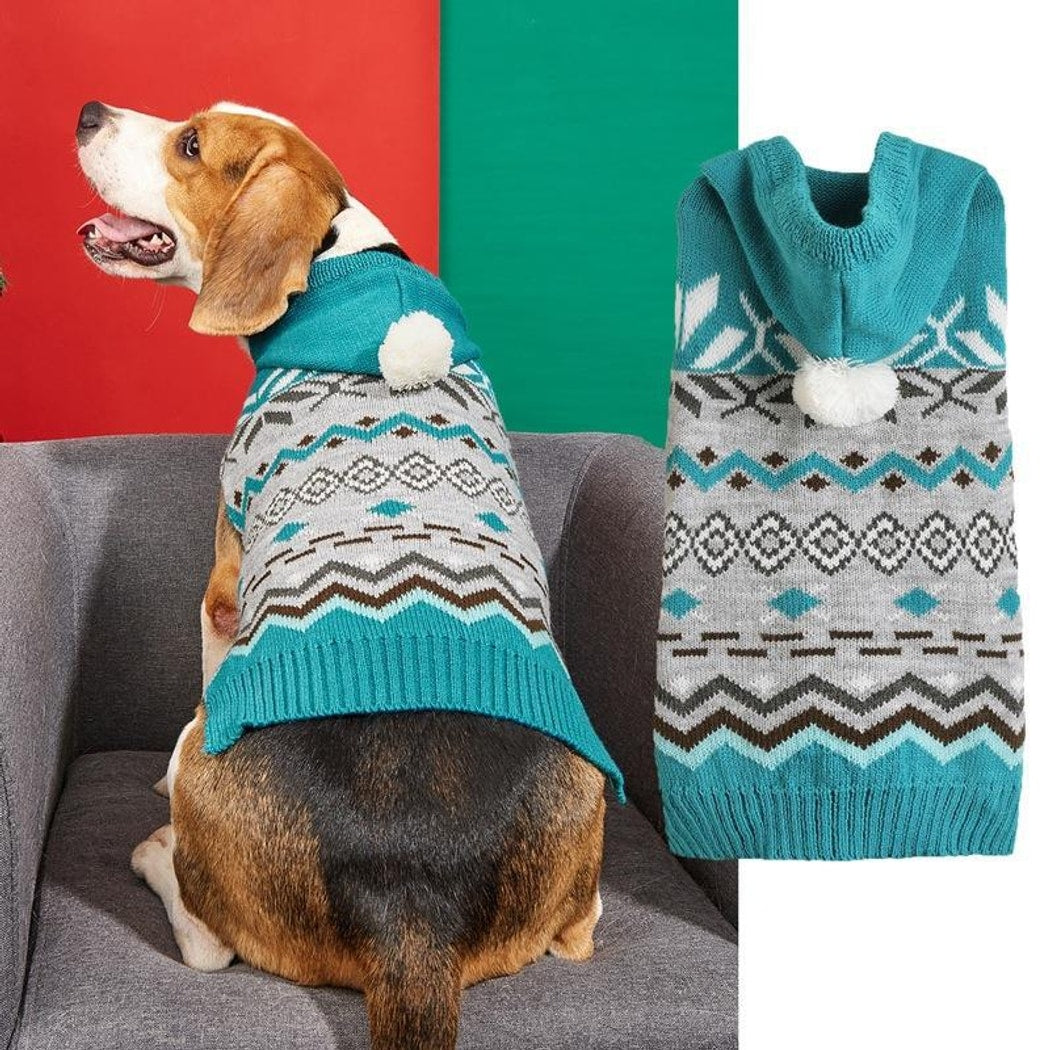 Ozzie - Hooded Pom Pom Geometric Pattern Dog Sweater