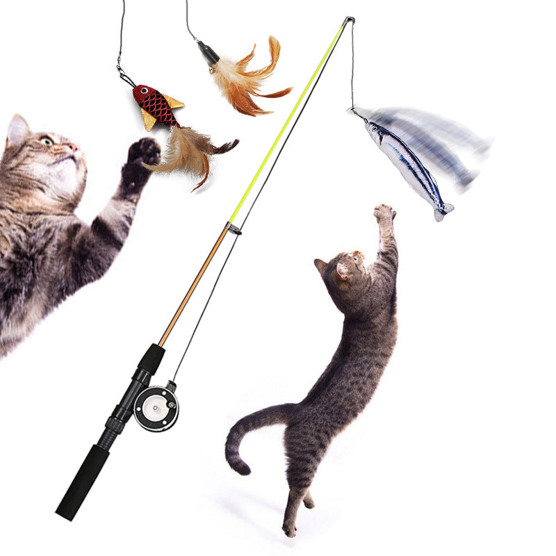 工厂现货跨境逗猫棒仿真伸缩杆鱼竿逗猫杆猫薄荷鱼替换头猫咪玩具