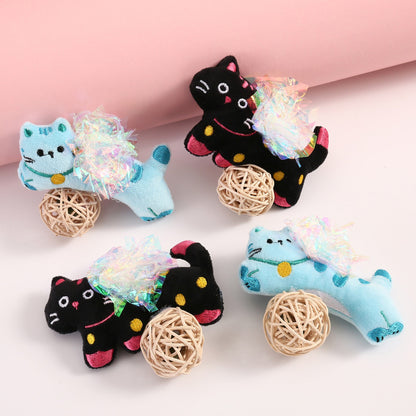 Close-up of Moo plush cat toy showing detailed stitching and crinkle material