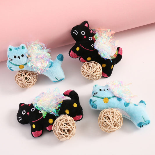 Close-up of Moo plush cat toy showing detailed stitching and crinkle material