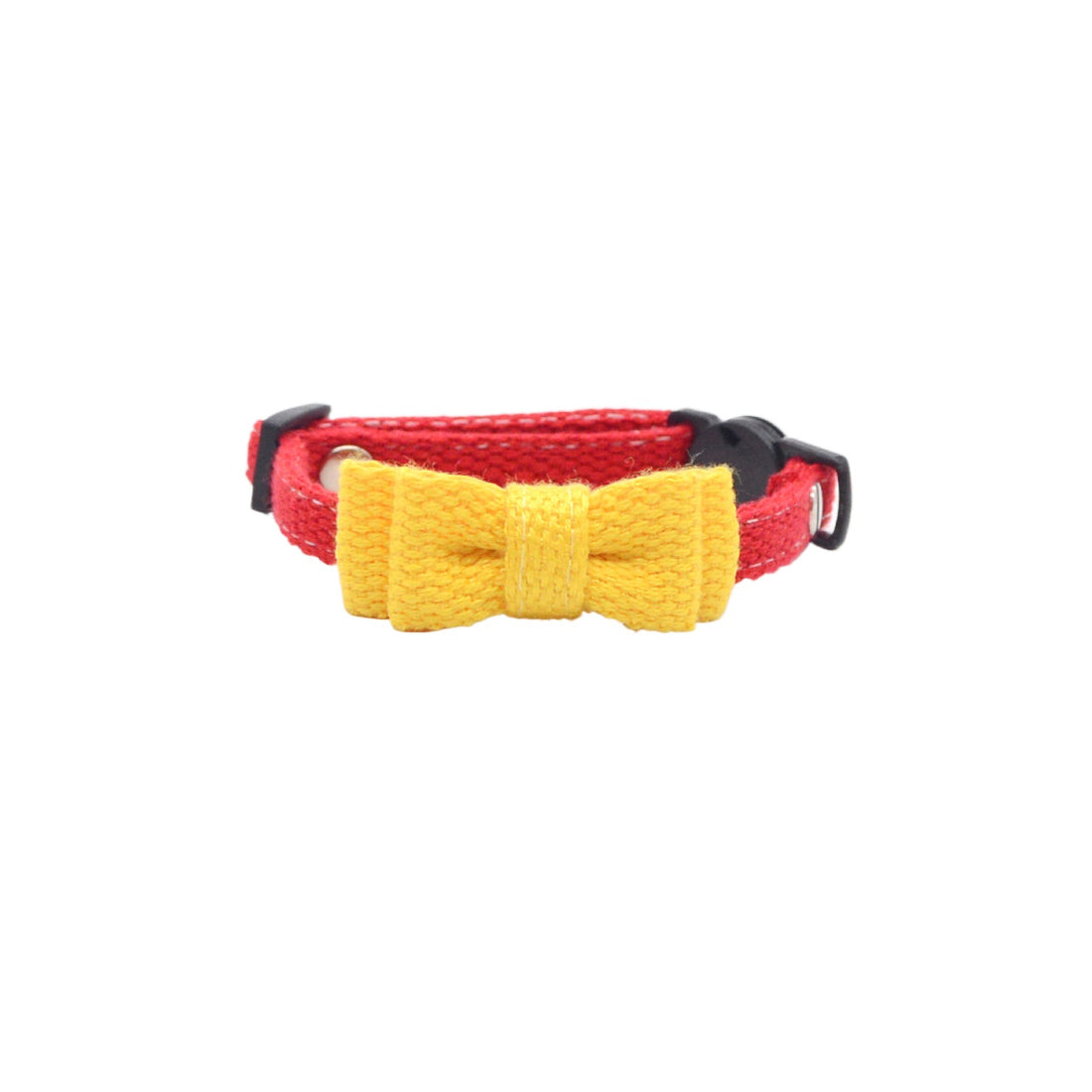 Side view of Mokka textured bow cat collar showing metal buckle and bell