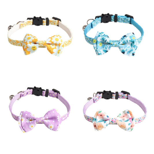 Mokka floral bow tie cat collar with bell displayed on white background