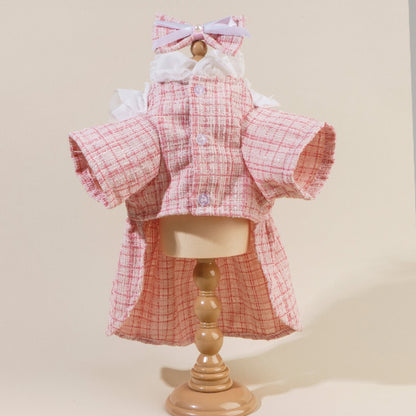 Side view of Ozzie Bow Tweed Cat Top showing textured tweed fabric and button accents