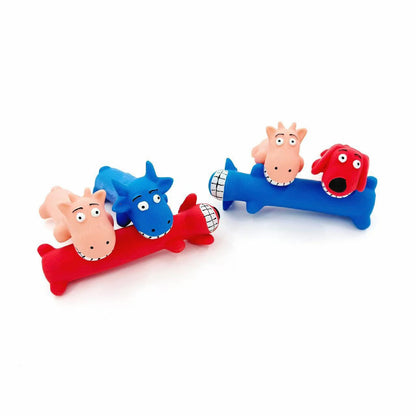 Close-up of Petkin dog toy with squeaker in bright animal character design