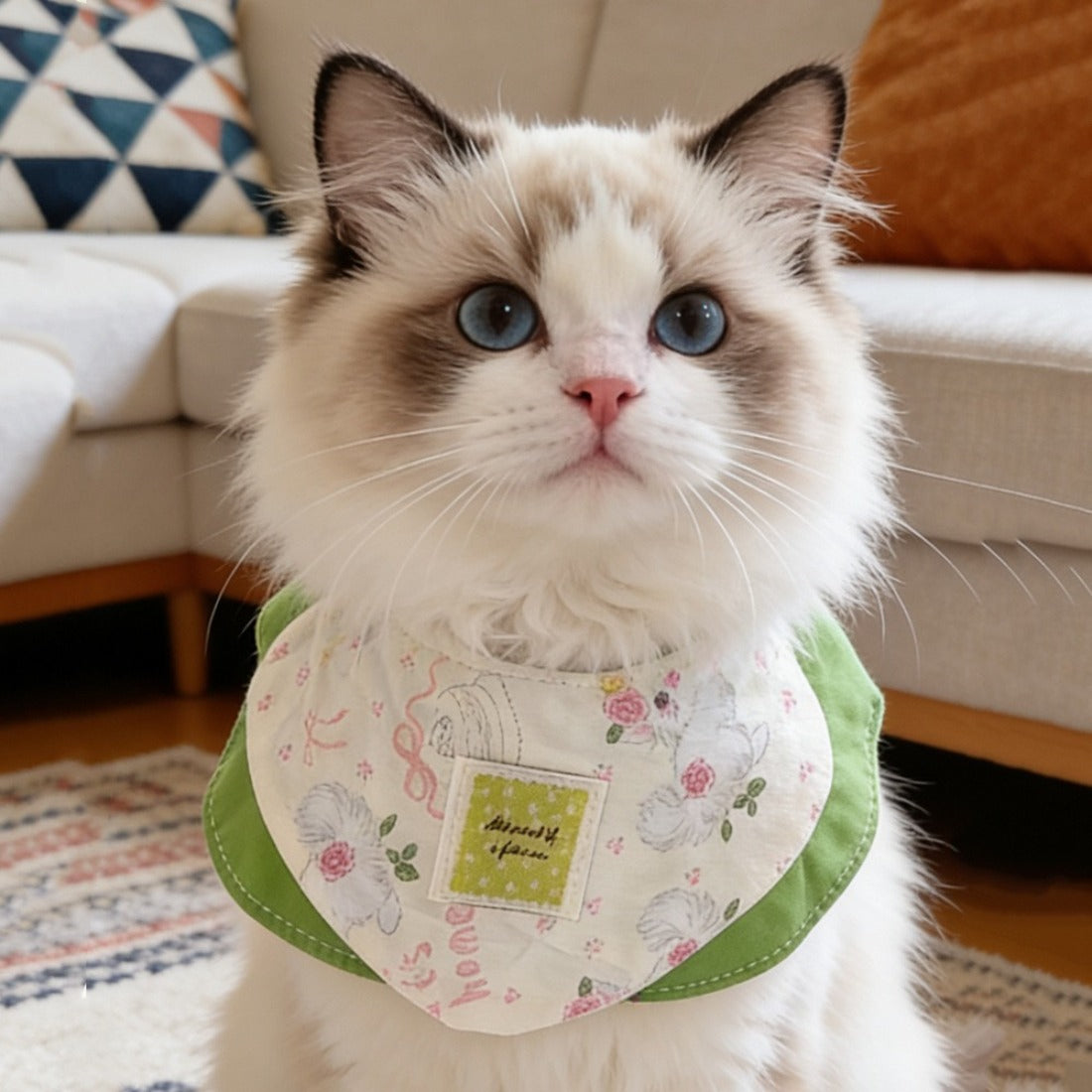 Close-up of soft green cat neck bib fabric texture and stitching